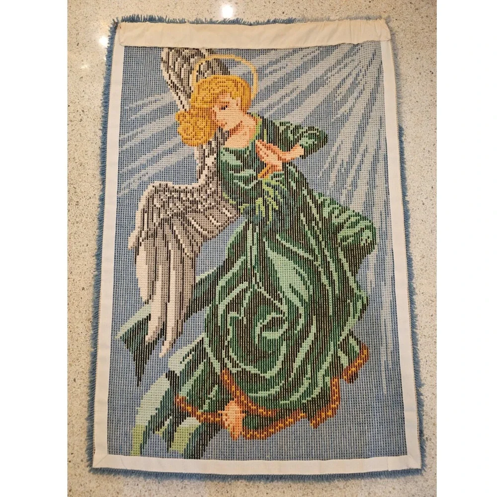 Vintage Angel Tapestry Latch Rug Wall Hanging Textile Art Halo Wings 52x36in
